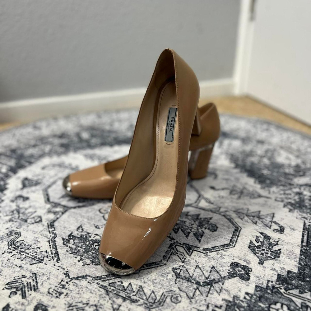Prada Patent Leather Nude Heels with Silver Tip - Size 42